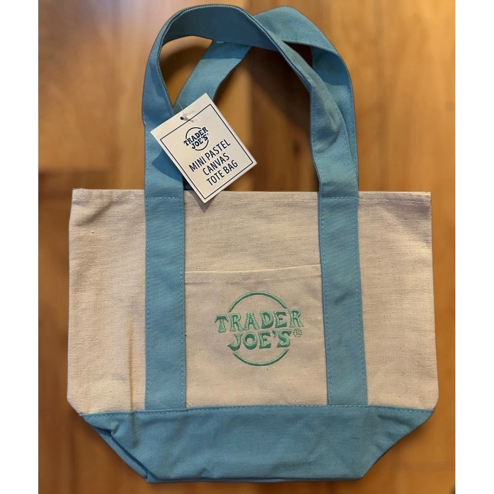 Trader Joe's Mini Pastel Canvas Tote Bag Blue/White‎ Spring Limited Edition NEW